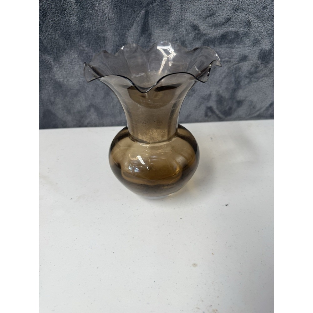 Vintage Mid-Century Smoked Gray Blown Glass Vase with Ruffled Rim